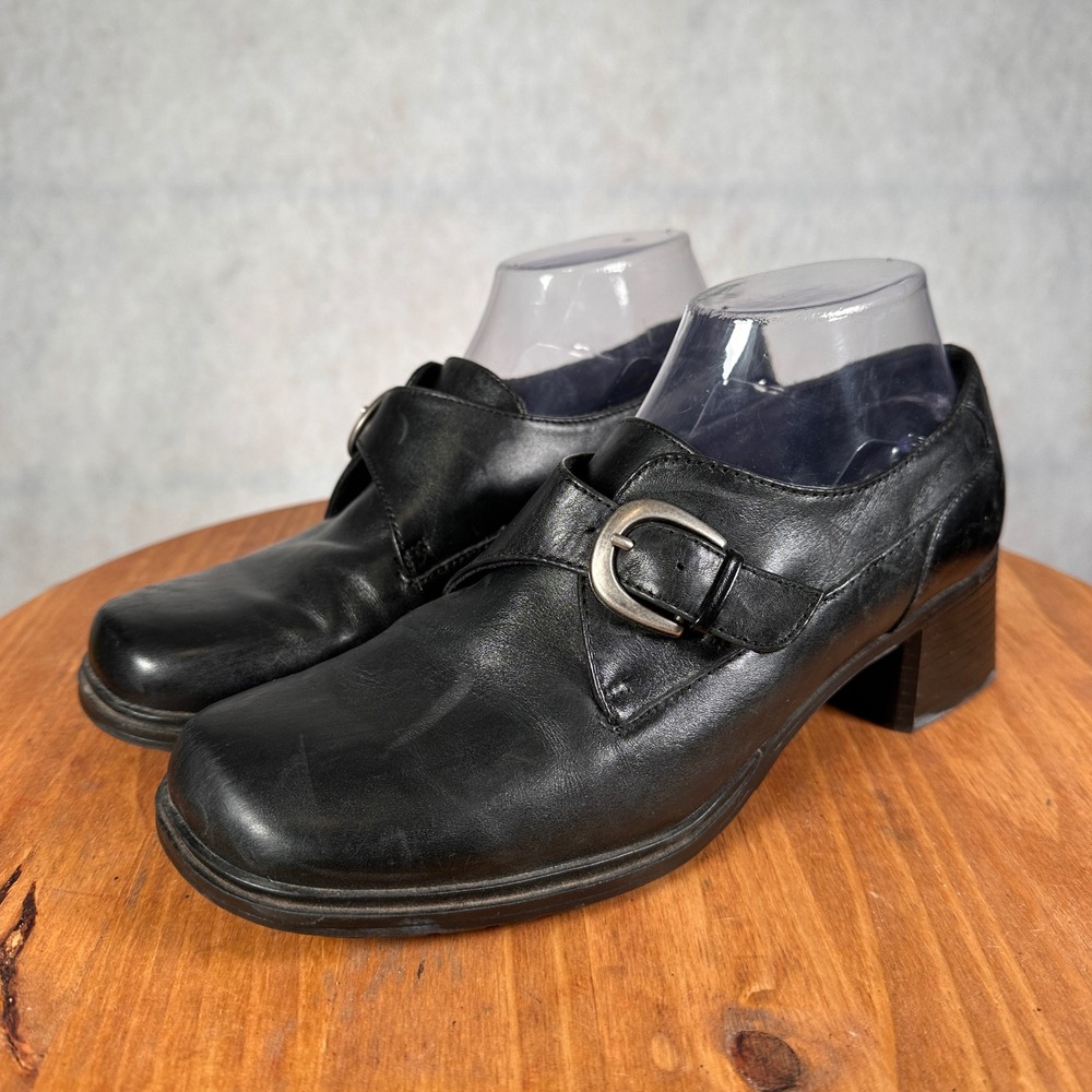 Thom McAn Monk Strap Loafers Womens 9M Black Good Leather Square Toe Block Heel